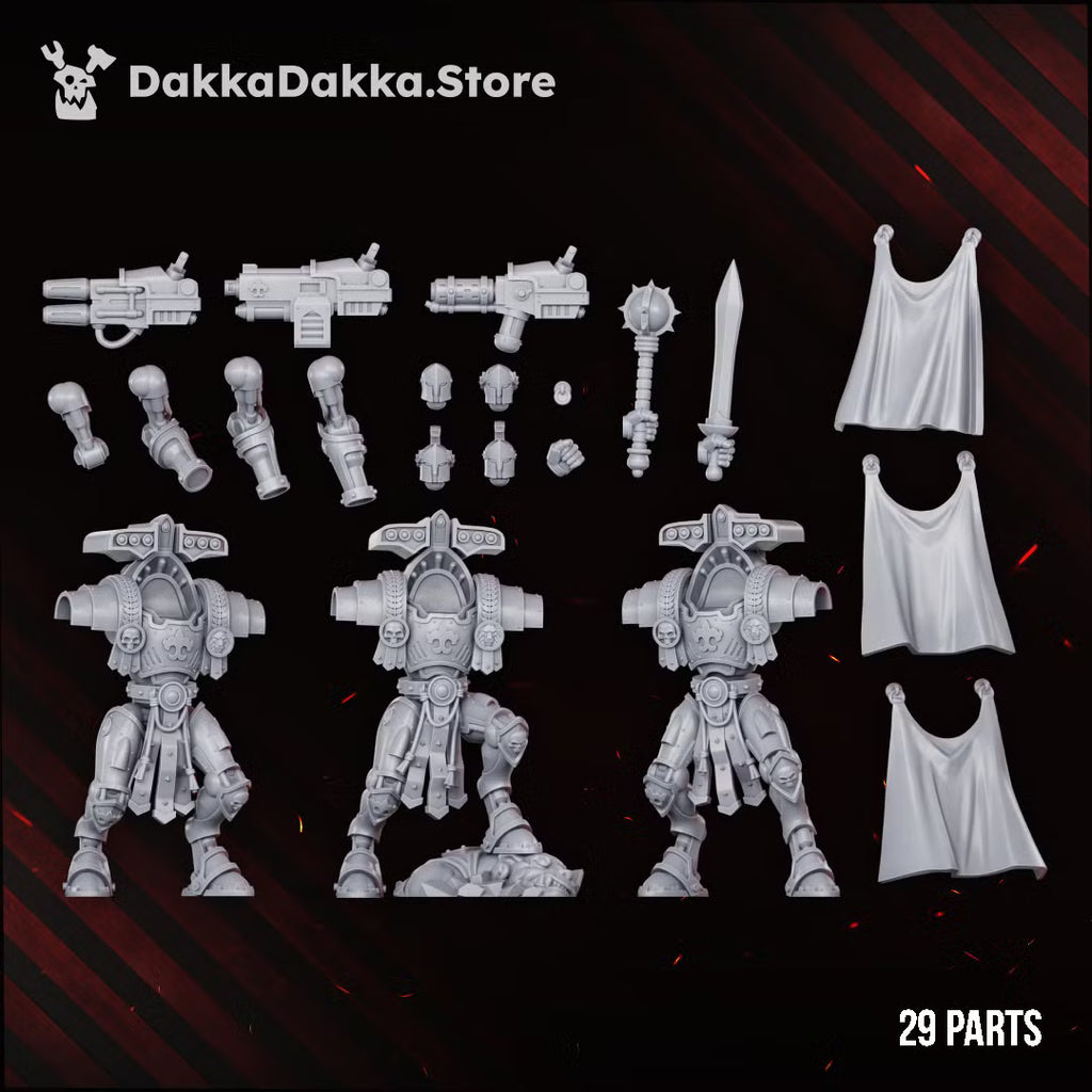 Modular components for the Insolentis Exosceletus three-model heavy exosuit kit, showing weapon options, heads, capes, armored bodies, and 29-part callout.