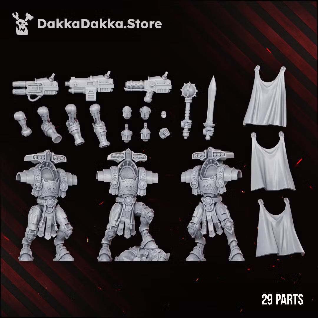 Modular components for the Insolentis Exosceletus three-model heavy exosuit kit, showing weapon options, heads, capes, armored bodies, and 29-part callout.