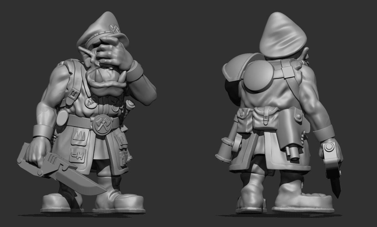 Resin 3D‑printed Ironjaw Horde Lunatic miniature by Trollet, showing a goblin‑style raider in a cap, covering his eyes with one hand while holding a knife with his other hand.