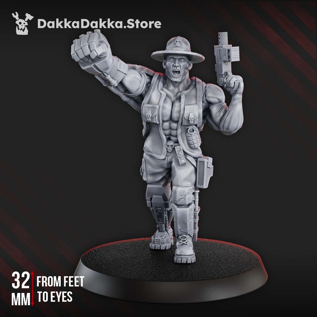 Jungle Fighter Commander sci-fi resin miniature by DakkaDakka, shown from the front with wide-brim hat, bionic fist, pistol, tactical gear, and scenic base.