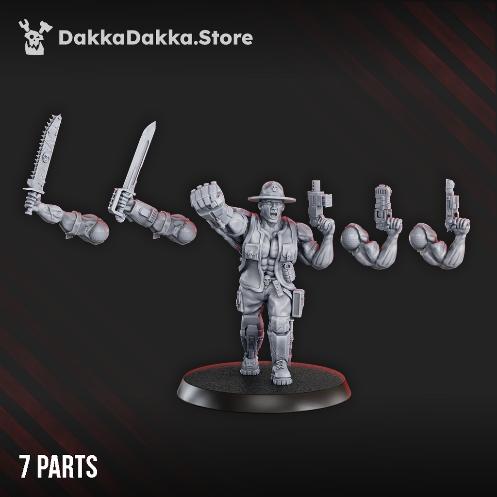 Jungle Fighter Commander modular parts by DakkaDakka, showing alternate weapon arms, pistol options, melee weapons, and command pose assembly parts.