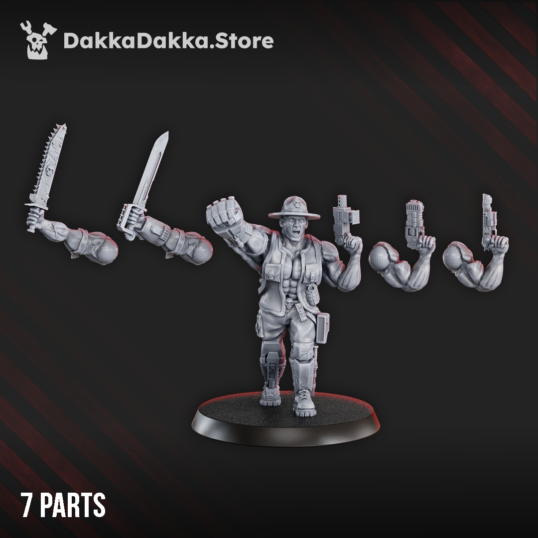Jungle Fighter Commander modular parts by DakkaDakka, showing alternate weapon arms, pistol options, melee weapons, and command pose assembly parts.