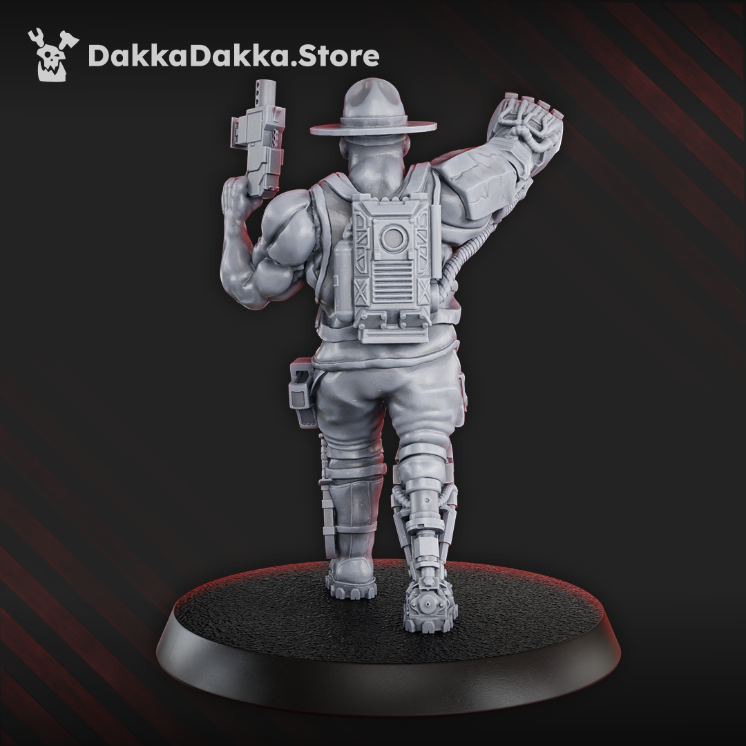 Rear view of Jungle Fighter Commander by DakkaDakka, showing backpack detail, flowing gear, bionic leg, raised pistol, and battlefield command pose.