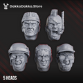 Jungle Fighters Head Bits “Commandos” Set by DakkaDakka, showing five unique sci-fi commando head styles with helmets, goggles, scars, and rugged infantry details.