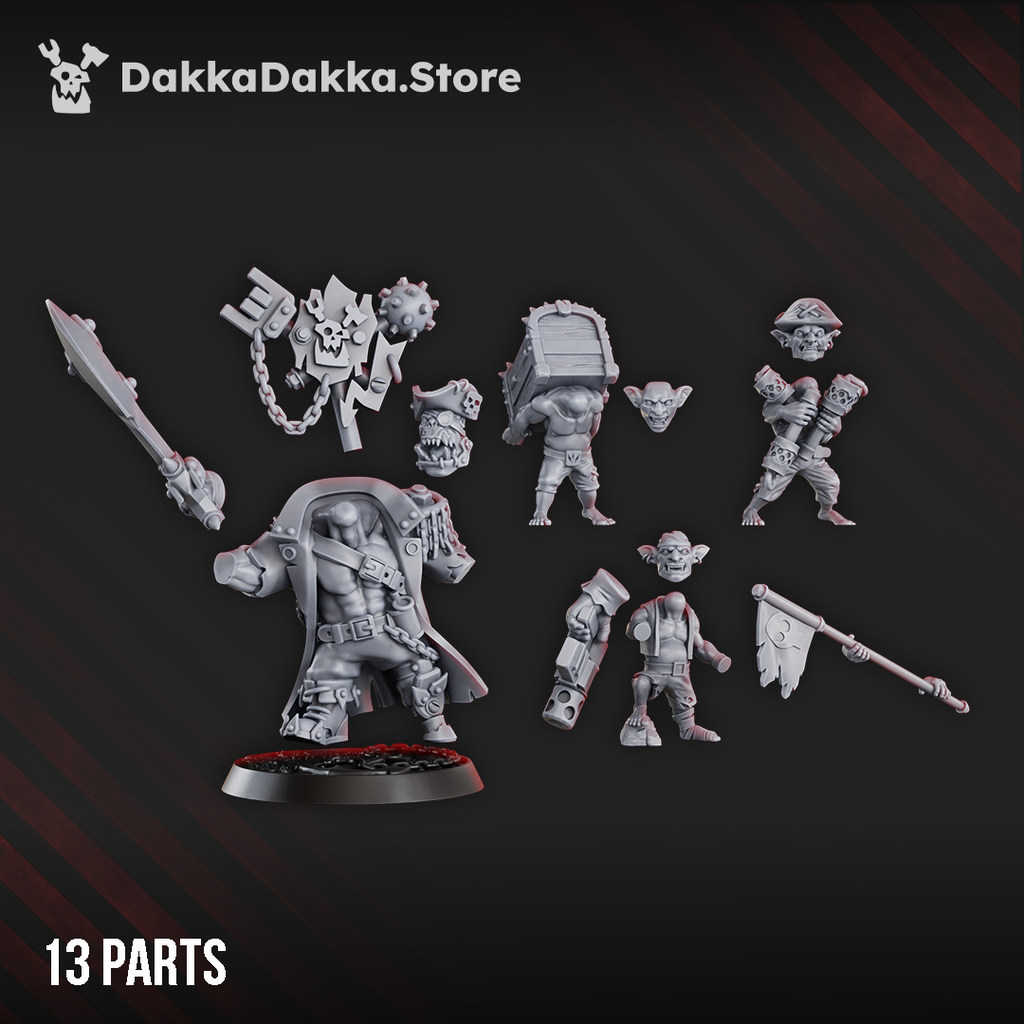 Thirteen-part Kap'n Blaaady Beard set by DakkaDakka showing the orc pirate captain, sword, pistol, banner, three goblin crew members, and equipment.
