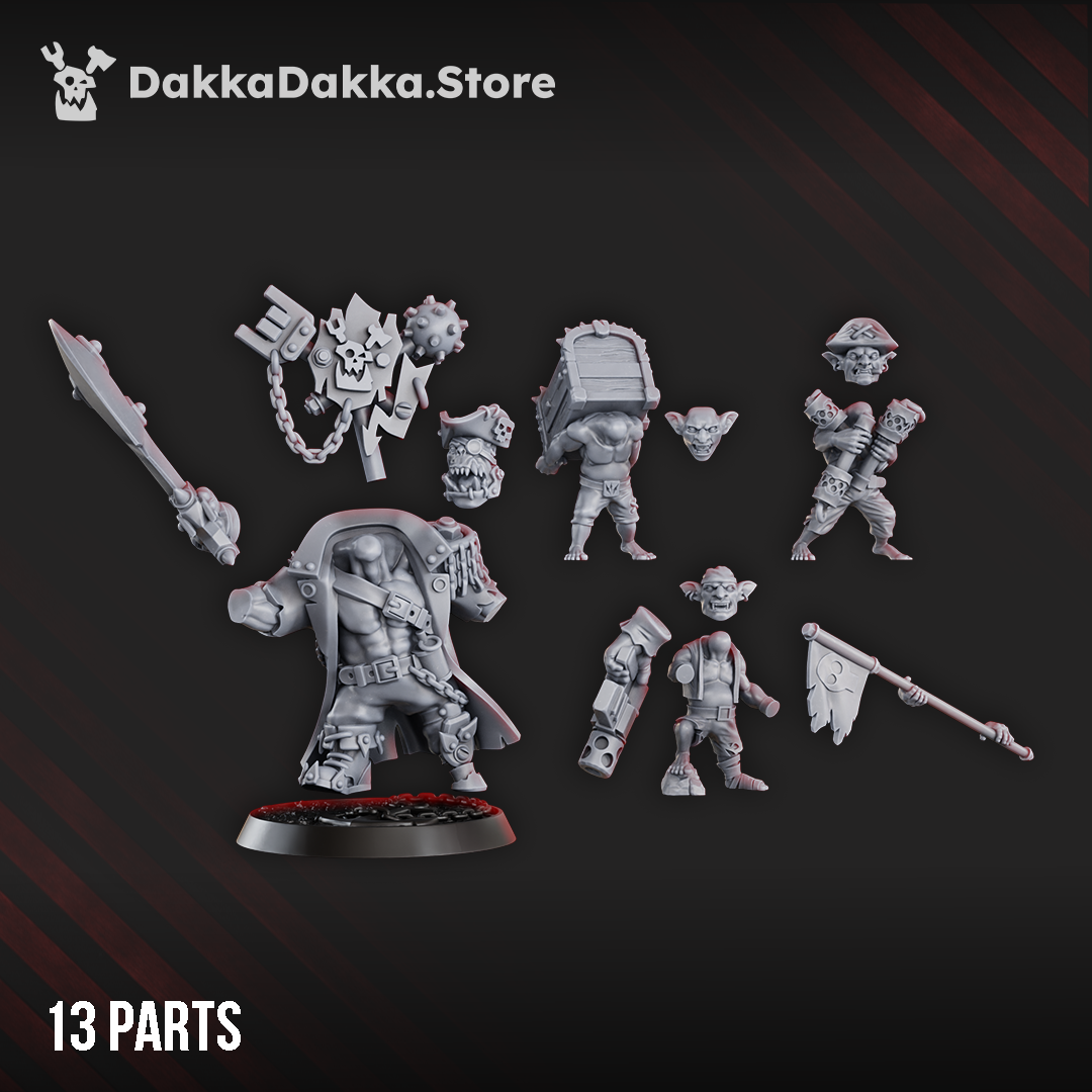 Thirteen-part Kap'n Blaaady Beard set by DakkaDakka showing the orc pirate captain, sword, pistol, banner, three goblin crew members, and equipment.
