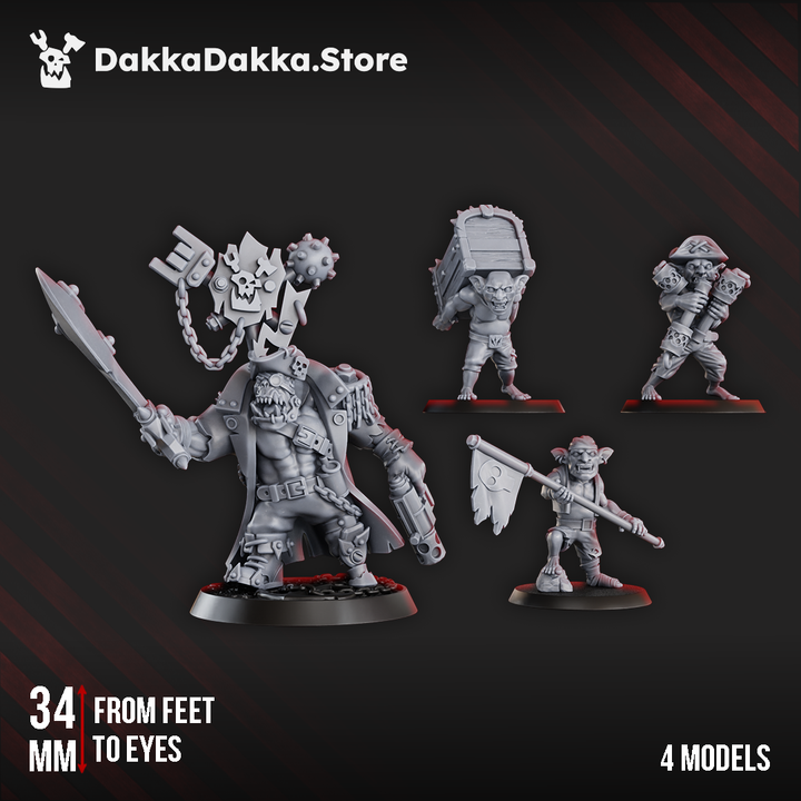 Kap'n Blaaady Beard and three goblin crew by DakkaDakka, featuring an armed orc pirate captain, barrel carrier, dual-pistol deckhand, and flag bearer.
