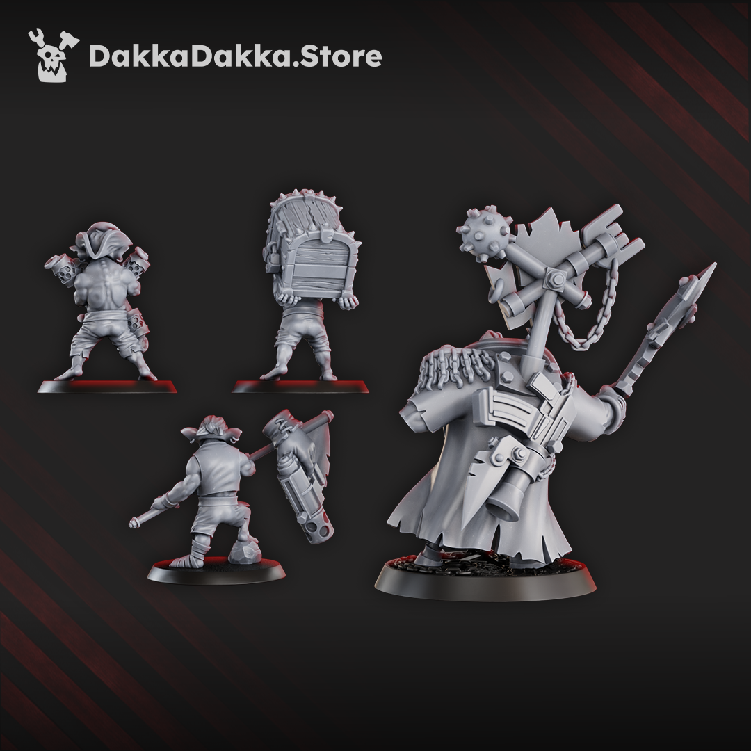 Rear views of Kap'n Blaaady Beard and his goblin crew showing the captain’s long coat, crossed-weapon trophy, pistols, barrel, and tattered flag.
