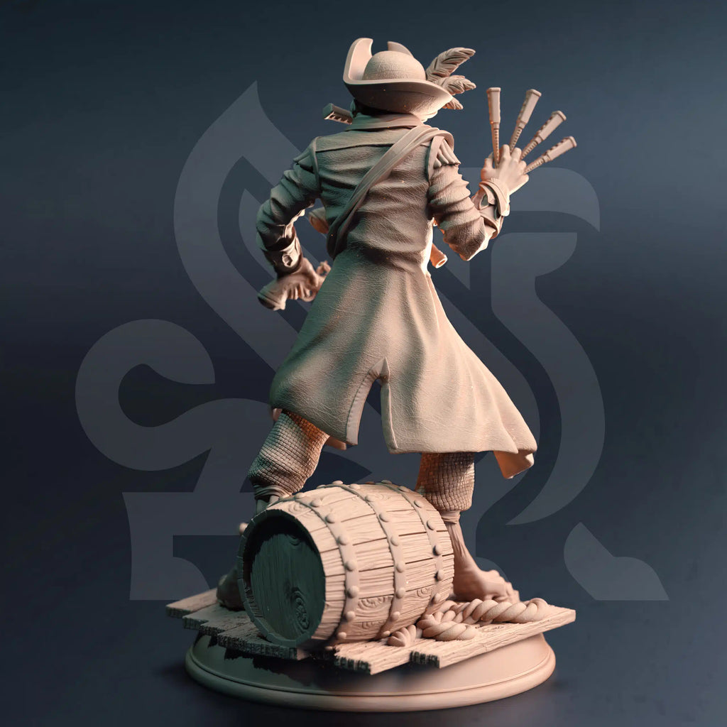Rear view of Kara’Ta The Catfolk Corsair miniature by DM Stash, showing long coat, feathered hat, pistols, barrel, claws, and ship deck base.