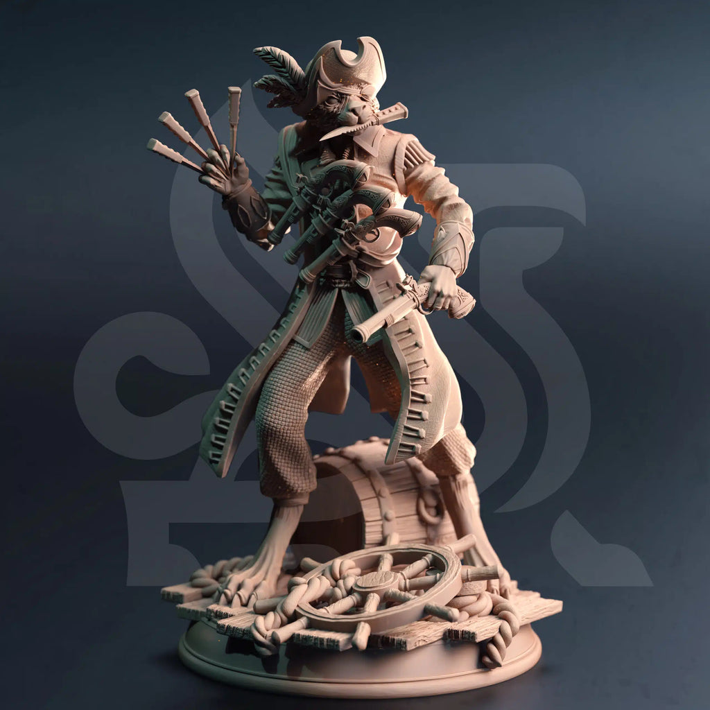 Kara’Ta The Catfolk Corsair catfolk rogue fighter gunslinger miniature by DM Stash, resin printed beastfolk pirate NPC for fantasy tabletop RPGs.