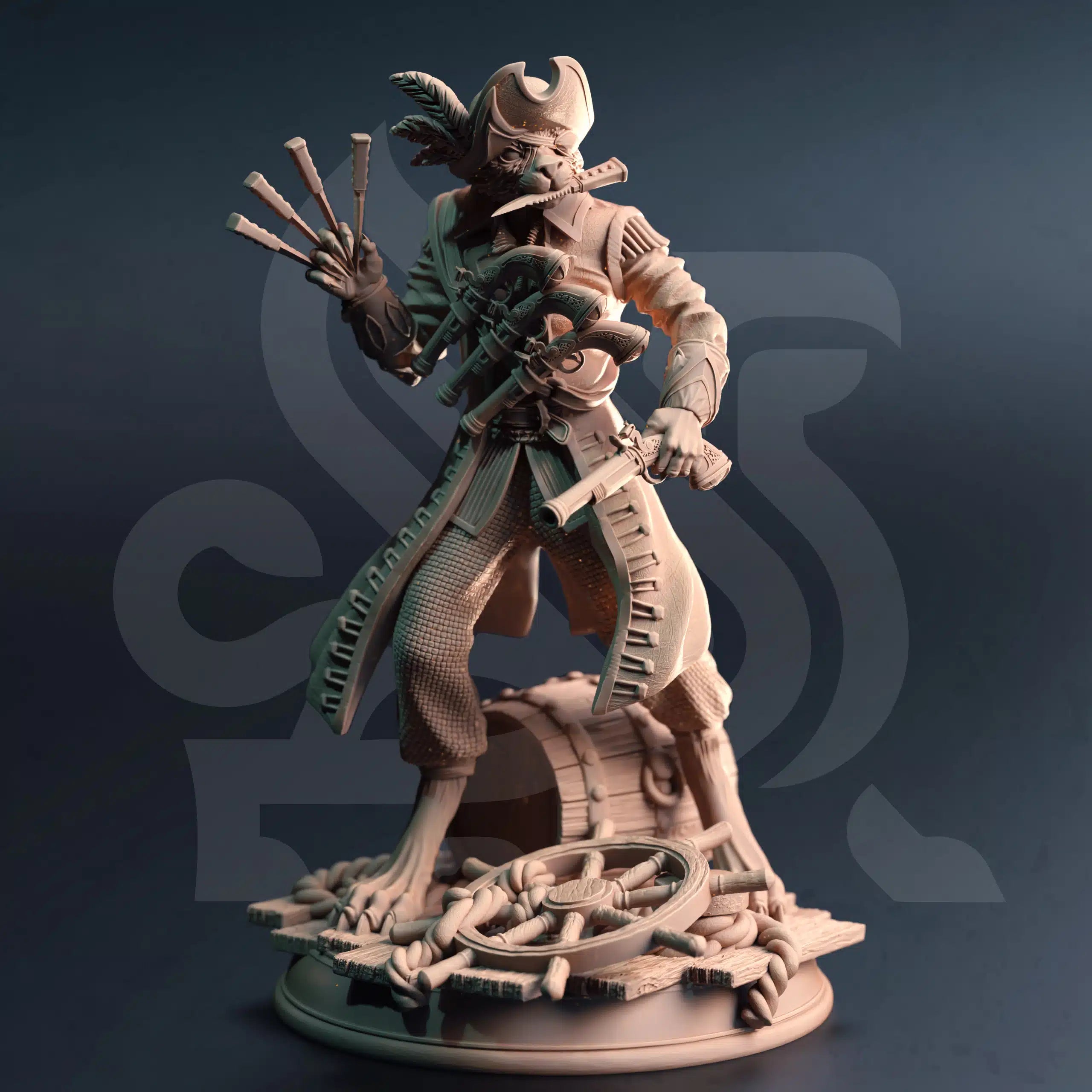 Kara’Ta The Catfolk Corsair catfolk rogue fighter gunslinger miniature by DM Stash, resin printed beastfolk pirate NPC for fantasy tabletop RPGs.