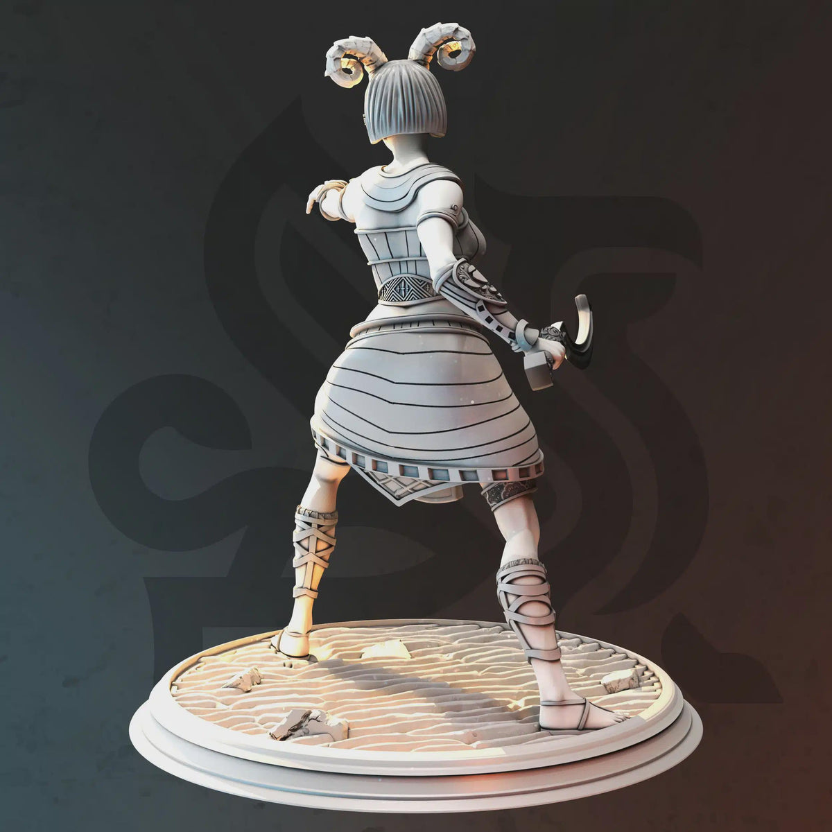 Rear view of Karina Remar miniature by DM Stash, showing cloak, tail, and scenic base details