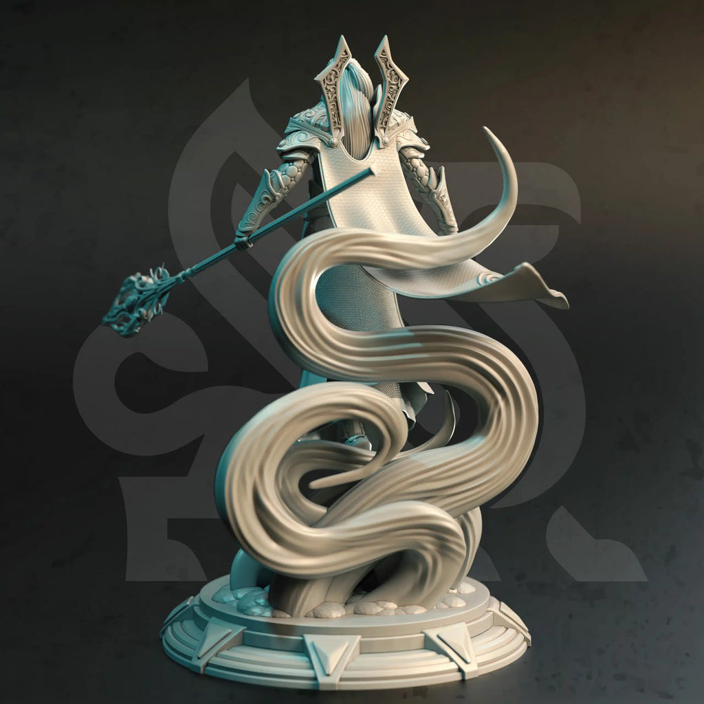 Rear view of Karydian Master Sorcerer elf sorcerer miniature by DM Stash, showing cloak, magic effect, and fantasy RPG base.