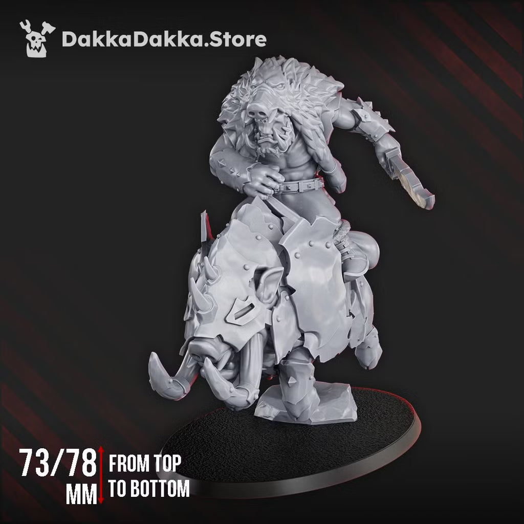 Front view of Khan Chilvarz PorkaJaw mounted sci-fi orc warlord on an armored tusked beast
