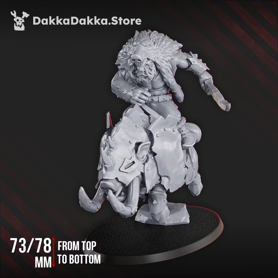 Front view of Khan Chilvarz PorkaJaw mounted sci-fi orc warlord on an armored tusked beast