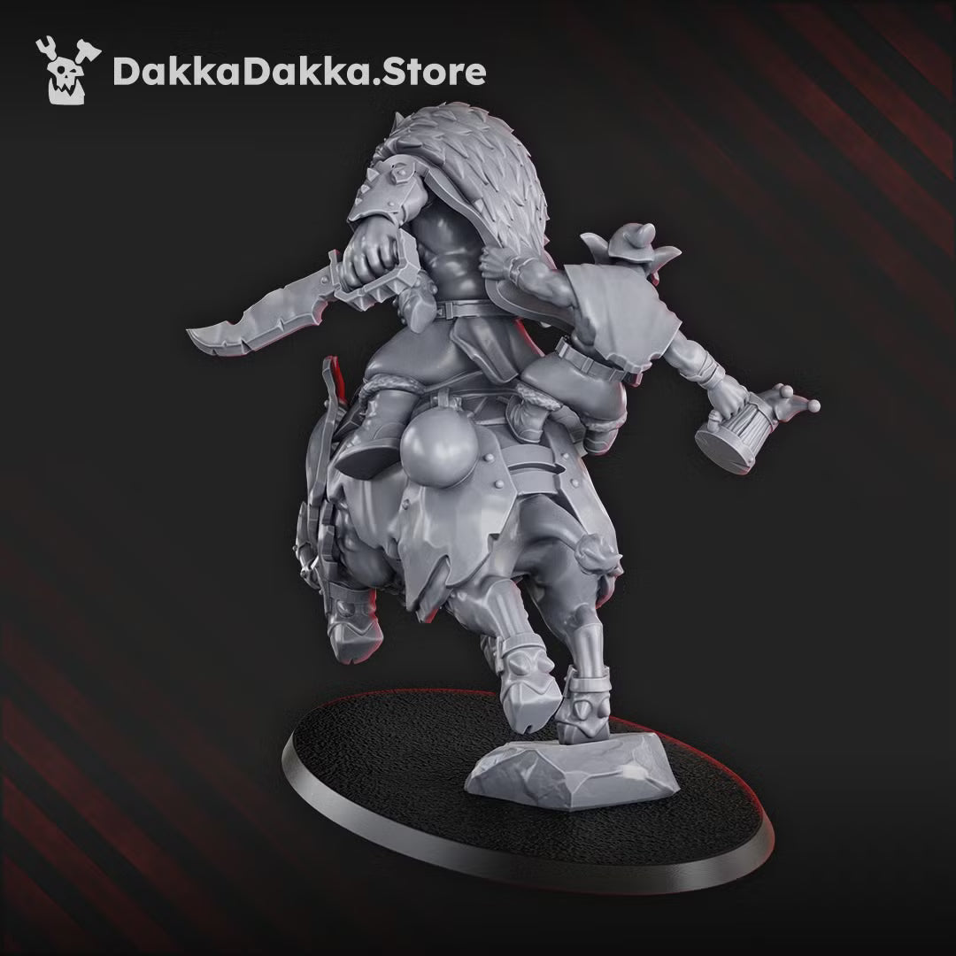 Rear view of Khan Chilvarz PorkaJaw mounted sci-fi orc warlord showing cloak, saddle, and armor detail
