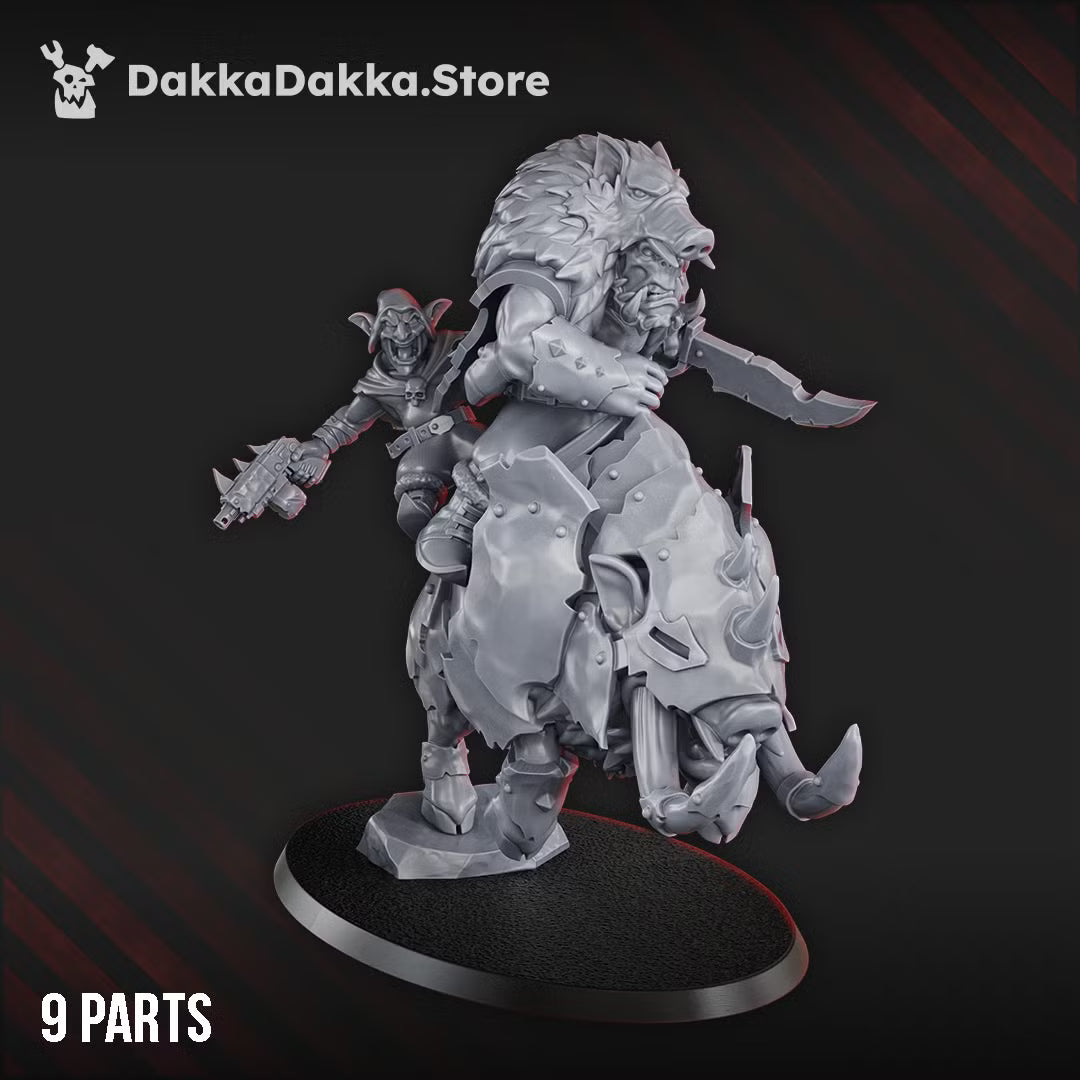 Side view of Khan Chilvarz PorkaJaw mounted character showing rider, armored beast, and companion detail