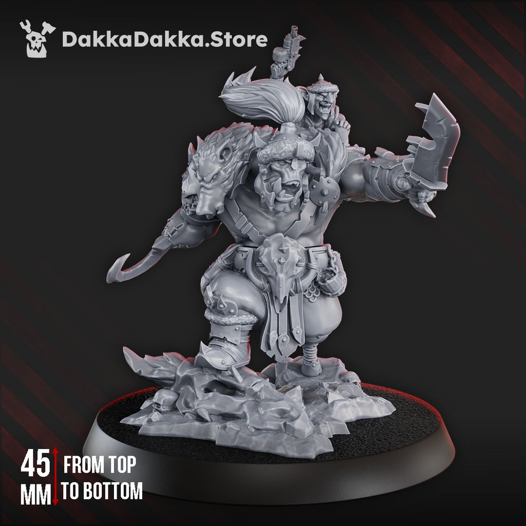 Front view of Khan De Golda Tooth, a towering sci-fi orc warlord with fur armor, massive cleaver, hooked blade, and gun-toting companion.