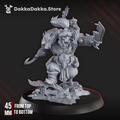 Front view of Khan De Golda Tooth, a towering sci-fi orc warlord with fur armor, massive cleaver, hooked blade, and gun-toting companion.