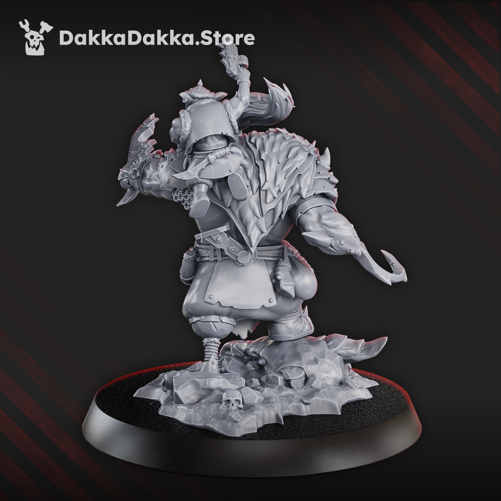 Rear view of Khan De Golda Tooth showing layered armor, beast-hide pelt, utility gear, hooked weapon, and the smaller companion’s raised pistol.

