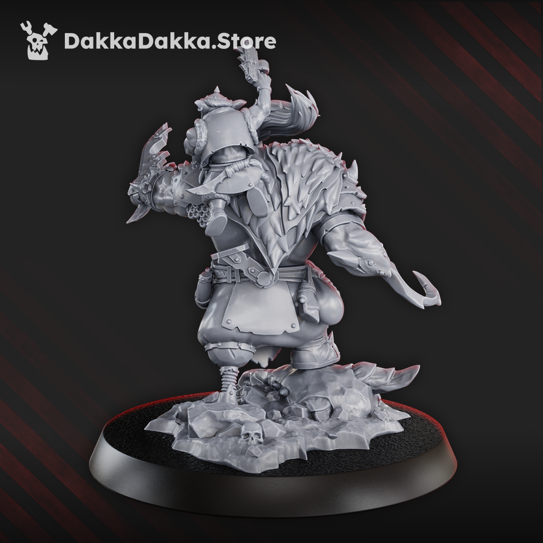 Rear view of Khan De Golda Tooth showing layered armor, beast-hide pelt, utility gear, hooked weapon, and the smaller companion’s raised pistol.
