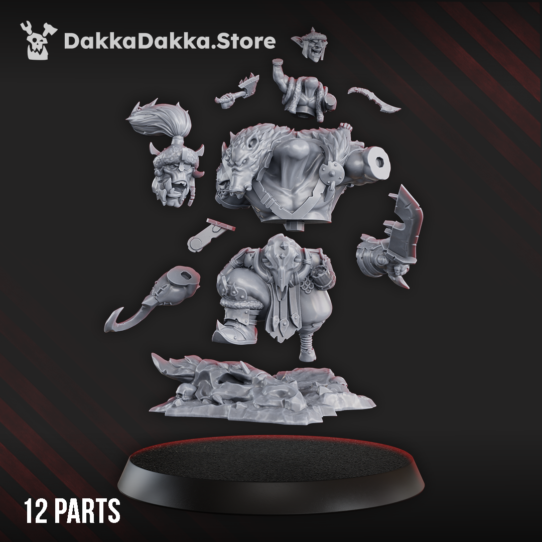 Twelve-part Khan De Golda Tooth miniature by DakkaDakka showing the orc warlord, smaller companion, massive blades, fur details, and scenic elements.
