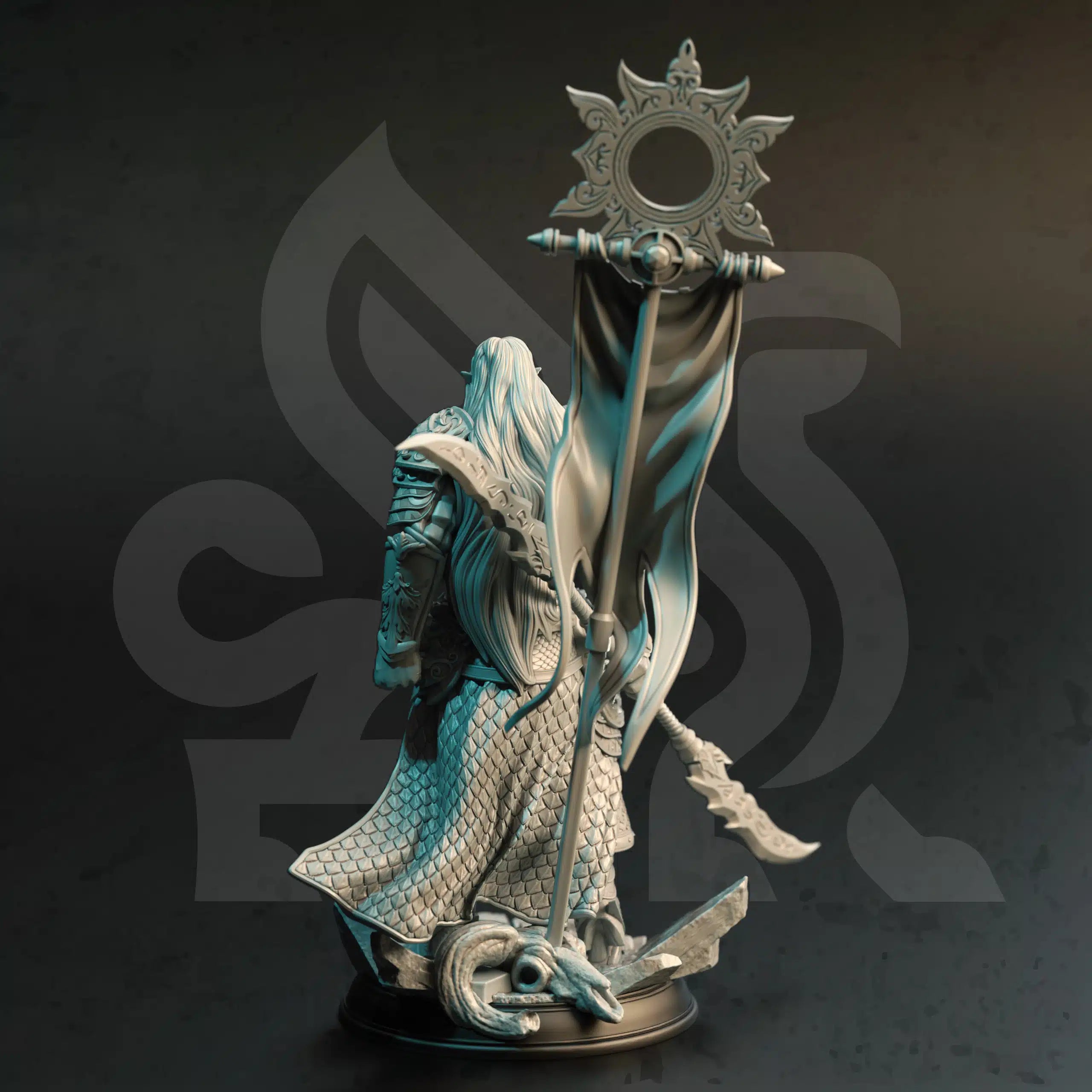 Rear view of Rolen Knight of The Breath elf paladin fighter miniature by DM Stash, showing armor, cloak, weapon, and tabletop RPG details.