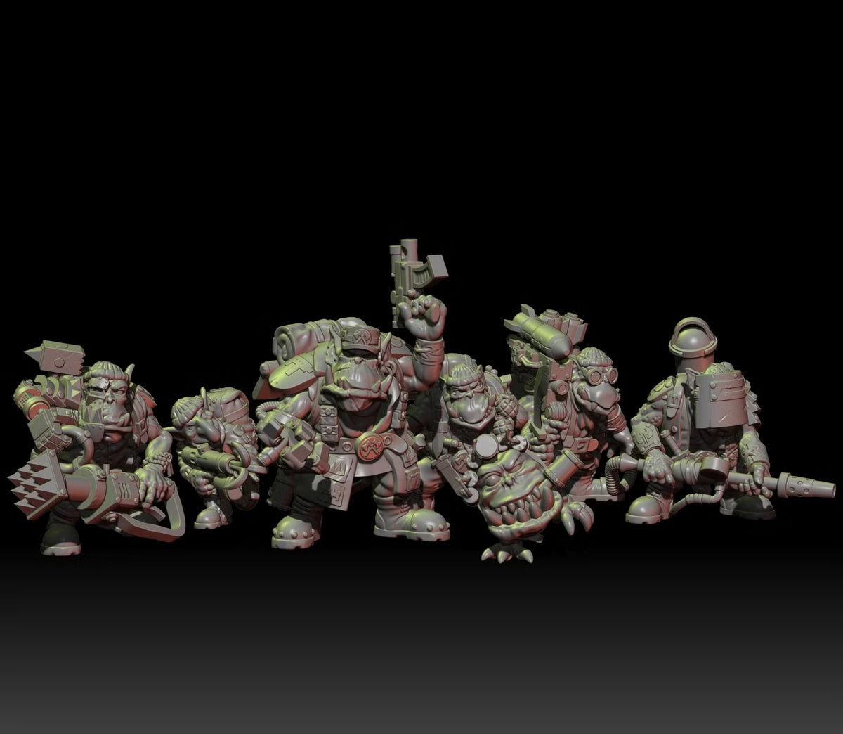 Unpainted Guttertech Strike Force by Trollet Miniatures, seven sci-fi greenskin resin miniatures shown as a complete squad