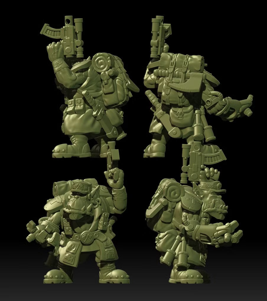 Alternate front, side, and rear views of Guttertech Strike Force miniatures, showing pistols, backpacks, and battlefield gear