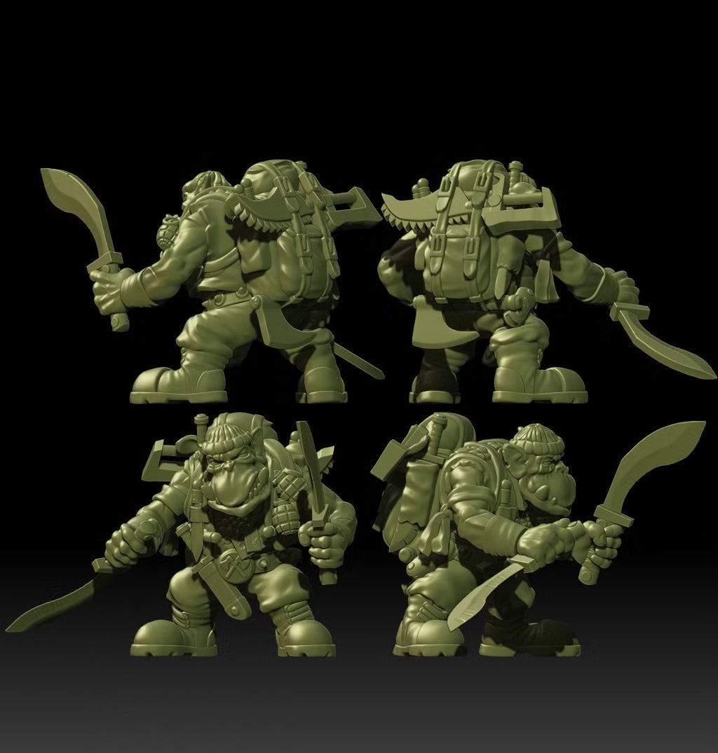 Alternate views of Guttertech Strike Force miniatures with blades, heavy packs, and improvised sci-fi equipment