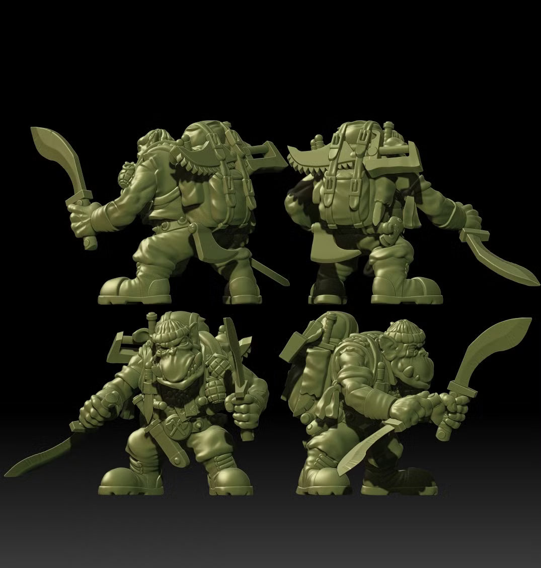Alternate views of Guttertech Strike Force miniatures with blades, heavy packs, and improvised sci-fi equipment