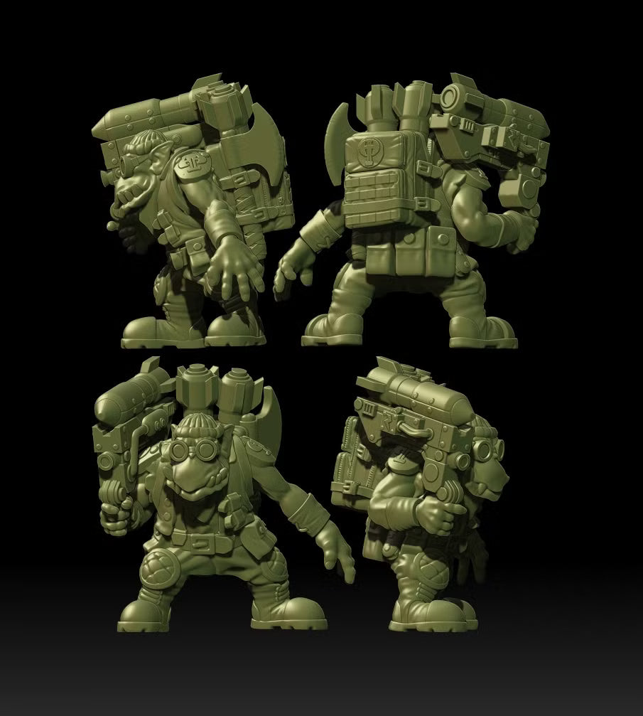 Rear and side views of Guttertech Strike Force miniatures, showing detailed armor, weapons, and back-mounted gear