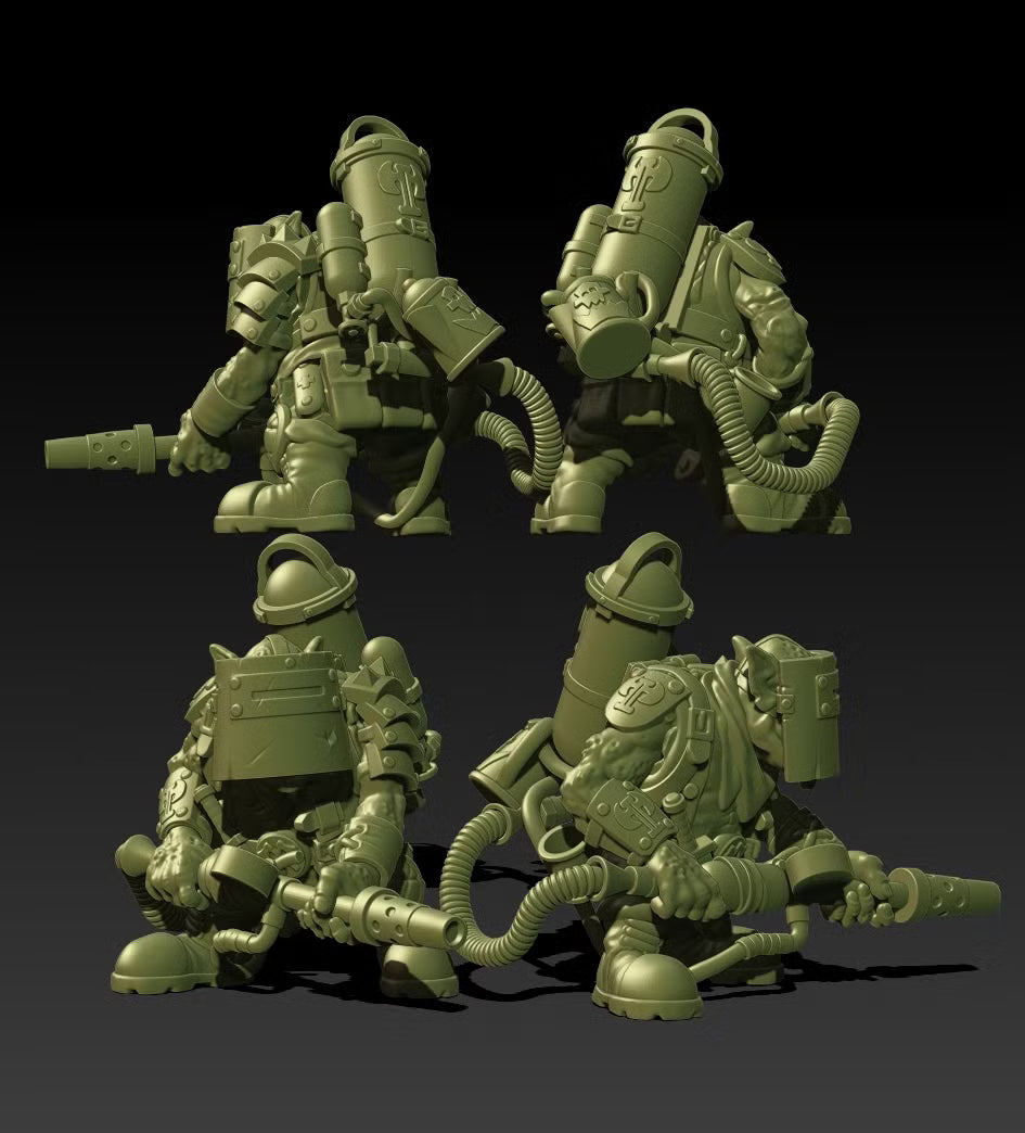 Front and rear views of Guttertech Strike Force miniatures, showing rifles, armor, and mechanical equipment