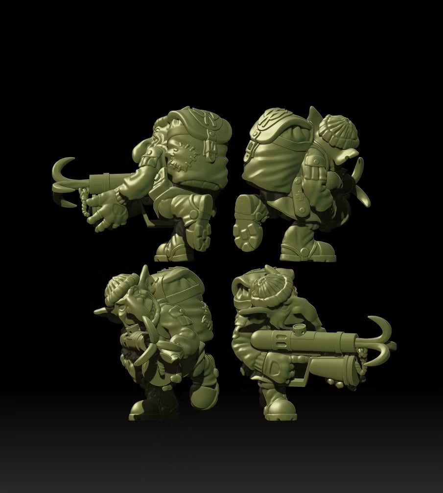 Alternate side and rear views of Guttertech Strike Force miniatures, showing varied poses, weapons, and backpacks