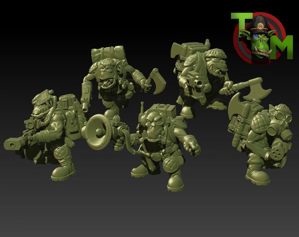 Unpainted Guttertech Shadow Team by Trollet Miniatures, five sci-fi greenskin resin miniatures shown as a complete squad