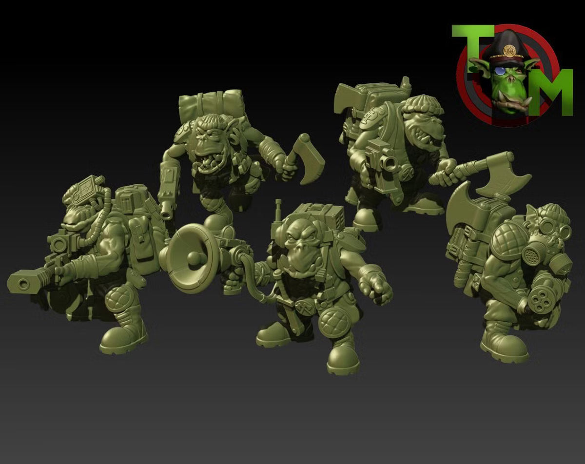 Unpainted Guttertech Shadow Team by Trollet Miniatures, five sci-fi greenskin resin miniatures shown as a complete squad