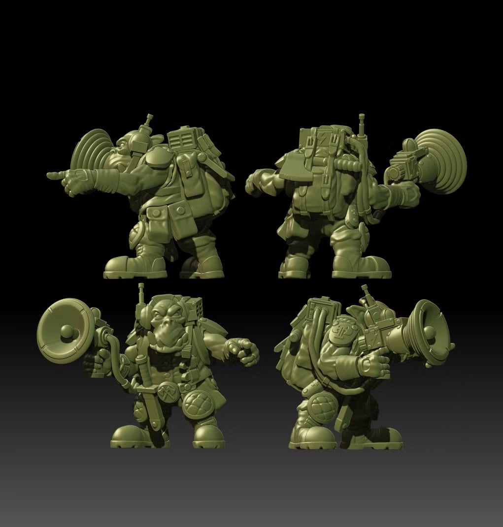 Alternate front, side, and rear views of Guttertech Shadow Team miniatures, showing weapons, backpacks, and battlefield gear