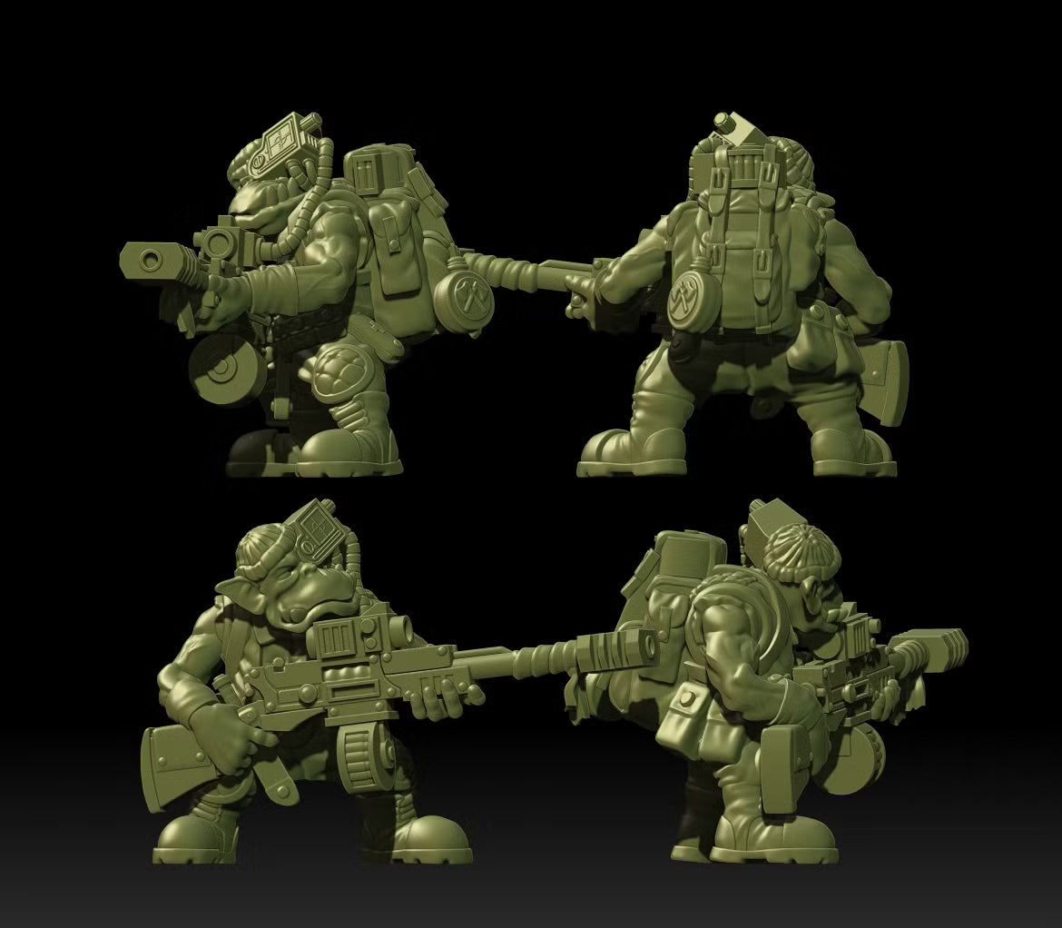 Alternate views of Guttertech Shadow Team miniatures with armored clothing, improvised weapons, and sci-fi equipment