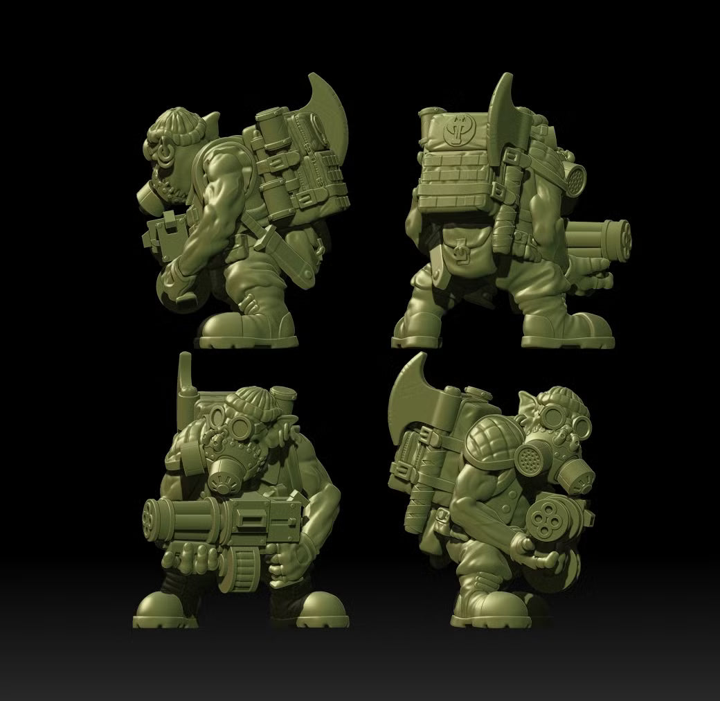 Rear and side views of Guttertech Shadow Team miniatures, showing detailed armor, weapons, and back-mounted gear