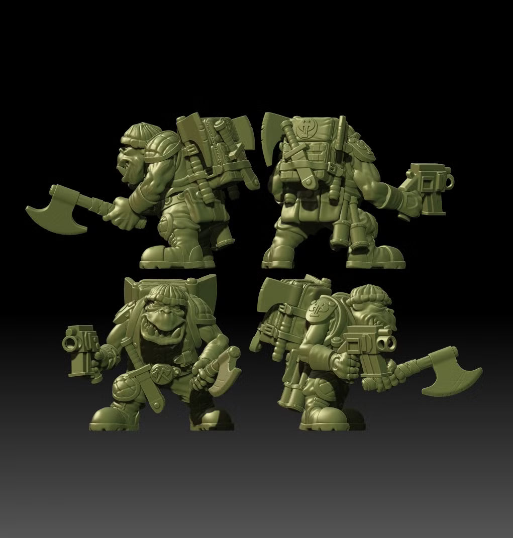 Front and rear views of Guttertech Shadow Team miniatures, showing their armor, weapons, and individual squad details