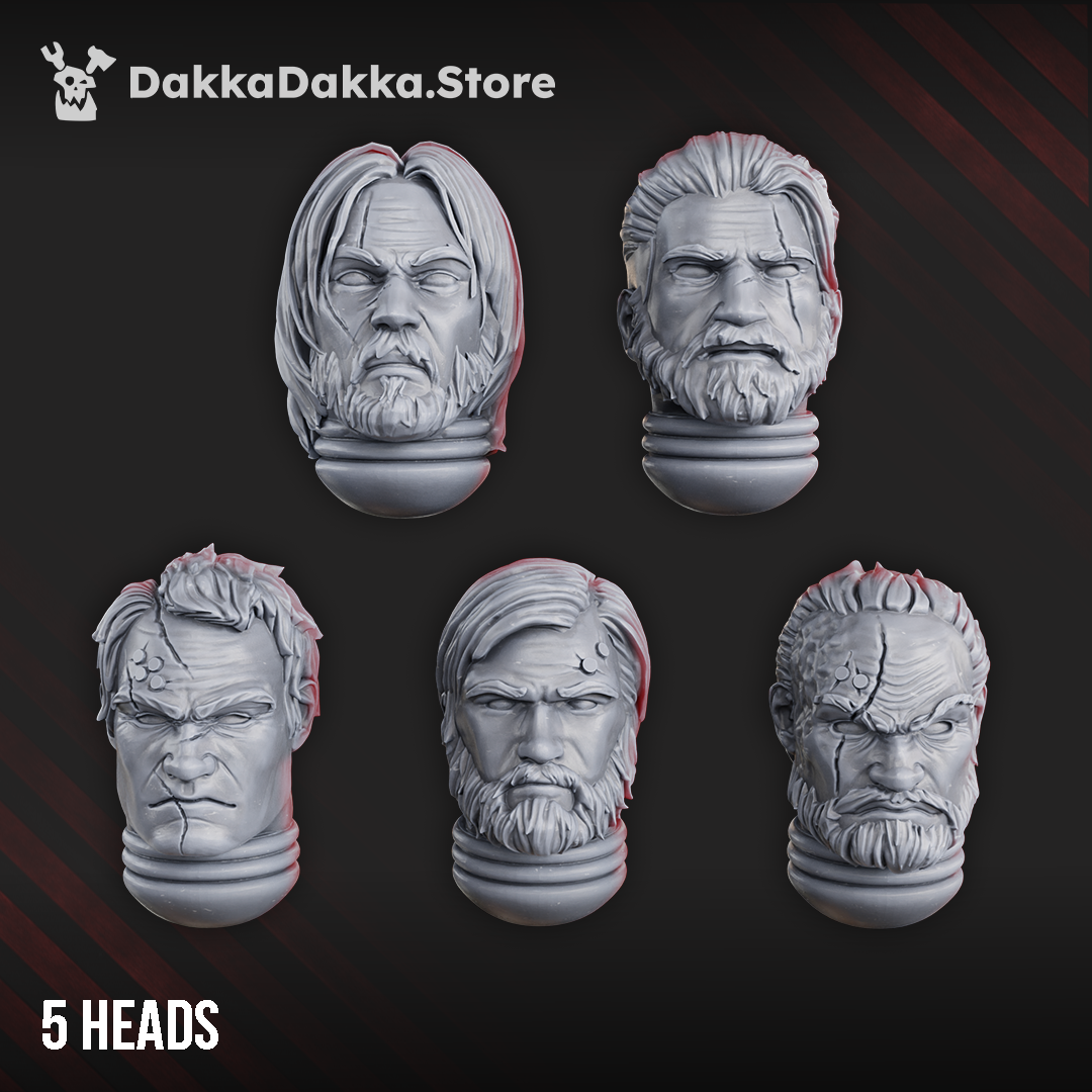 Legendary Hero Heads by DakkaDakka, showing five fantasy resin head bits with bearded, scarred, long-haired, and battle-worn character styles for miniature conversions.
