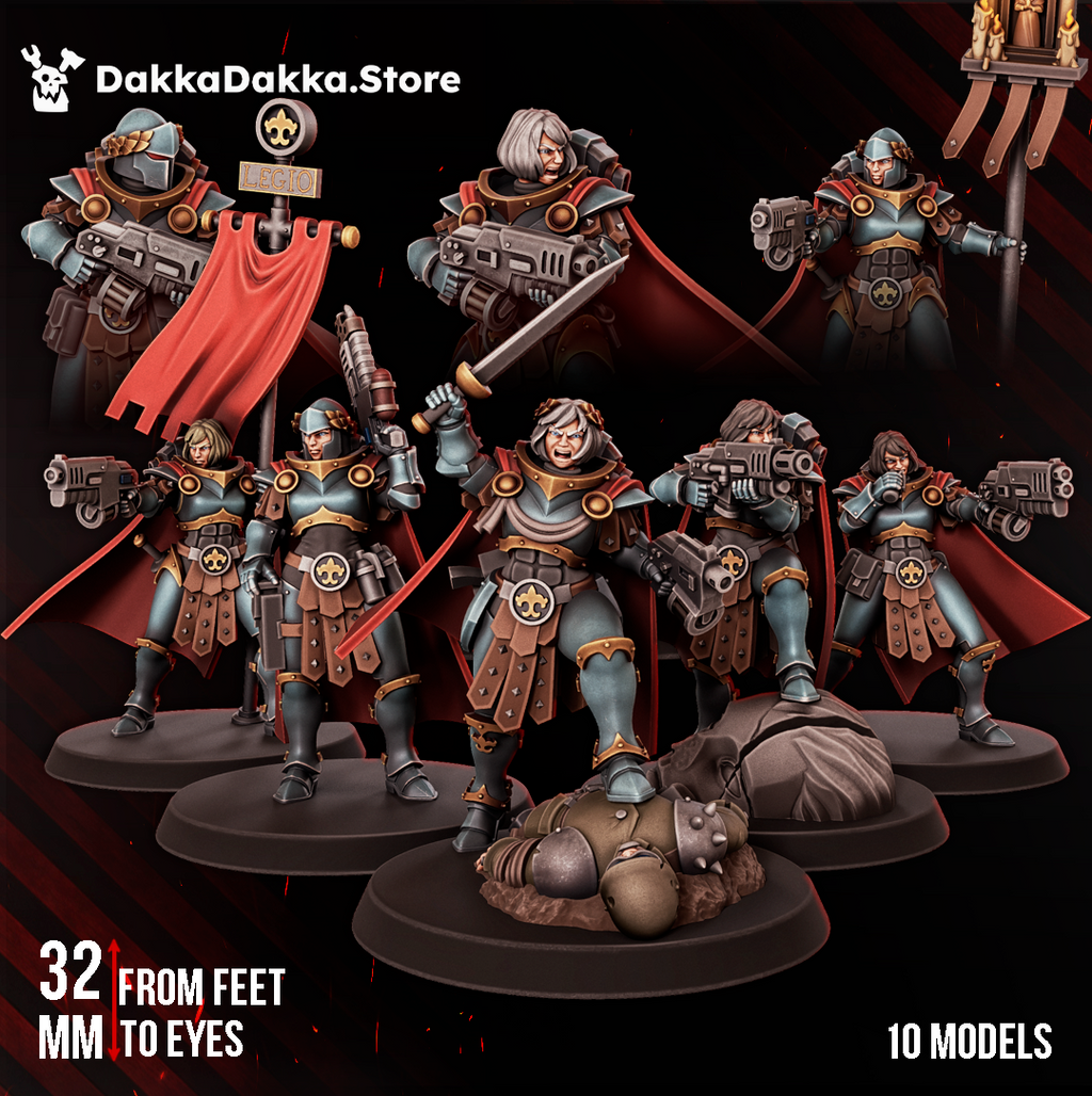 Legio Artemis Bellatrix Squad by DakkaDakka, a 10-model sci-fi resin infantry squad with ornate armor, red cloaks, rifles, swords, banner details, and heroic tabletop poses.