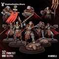 Legio Artemis Bellatrix Squad by DakkaDakka, a 10-model sci-fi resin infantry squad with ornate armor, red cloaks, rifles, swords, banner details, and heroic tabletop poses.