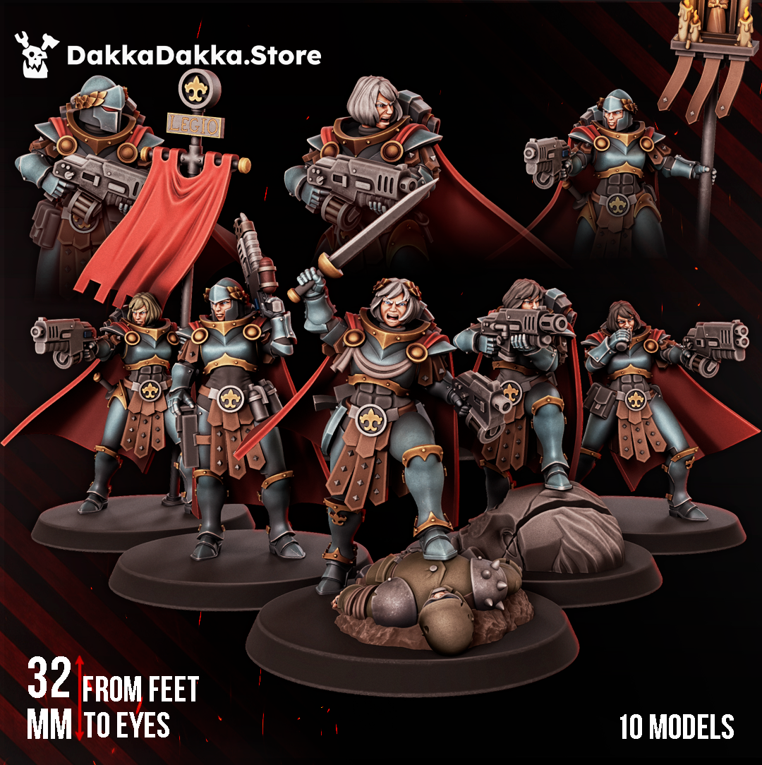 Legio Artemis Bellatrix Squad by DakkaDakka, a 10-model sci-fi resin infantry squad with ornate armor, red cloaks, rifles, swords, banner details, and heroic tabletop poses.