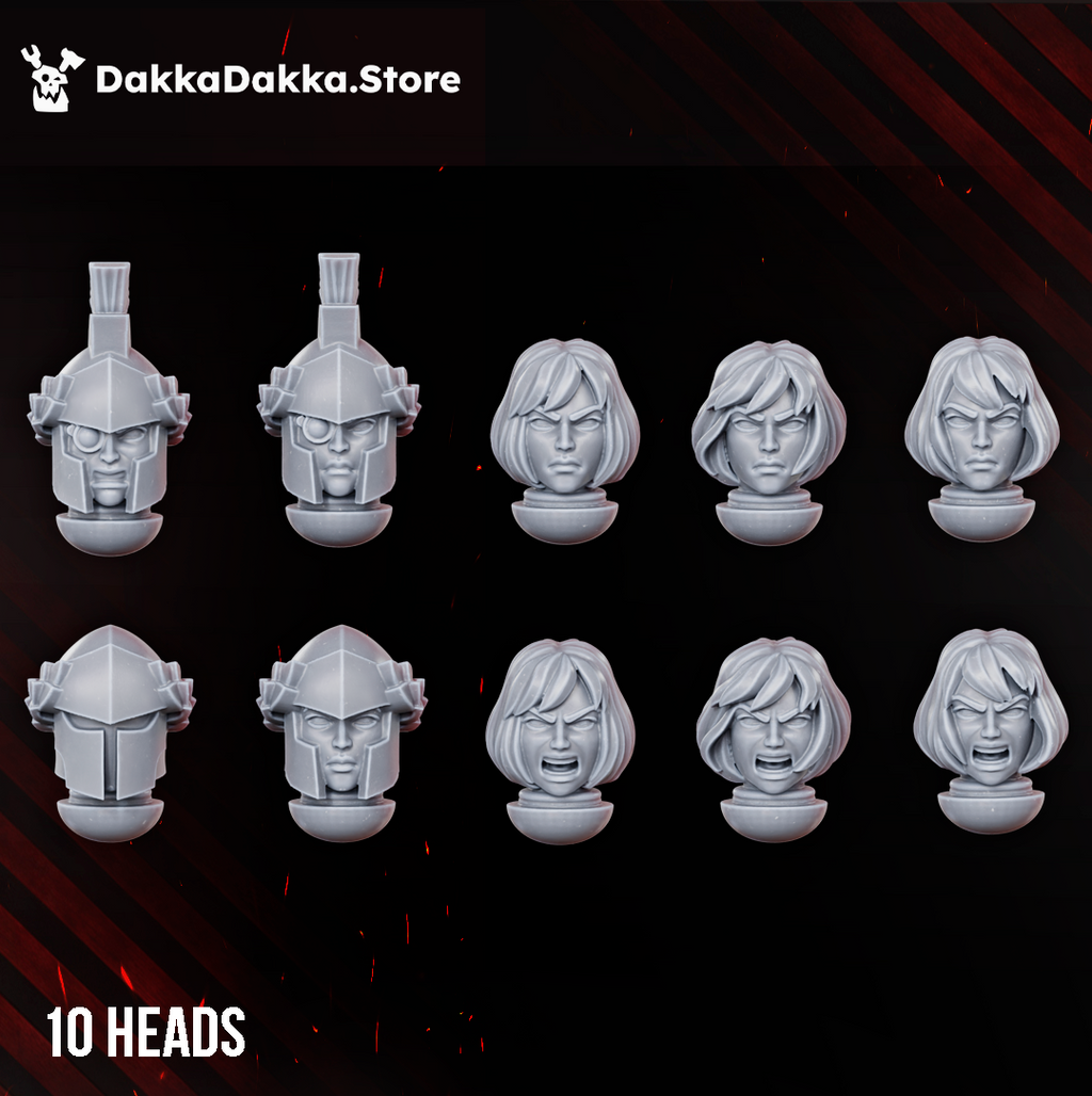 Legio Artemis Bellatrix Squad head options by DakkaDakka, showing 10 resin miniature heads with helmeted and unhelmeted female sci-fi warrior styles.