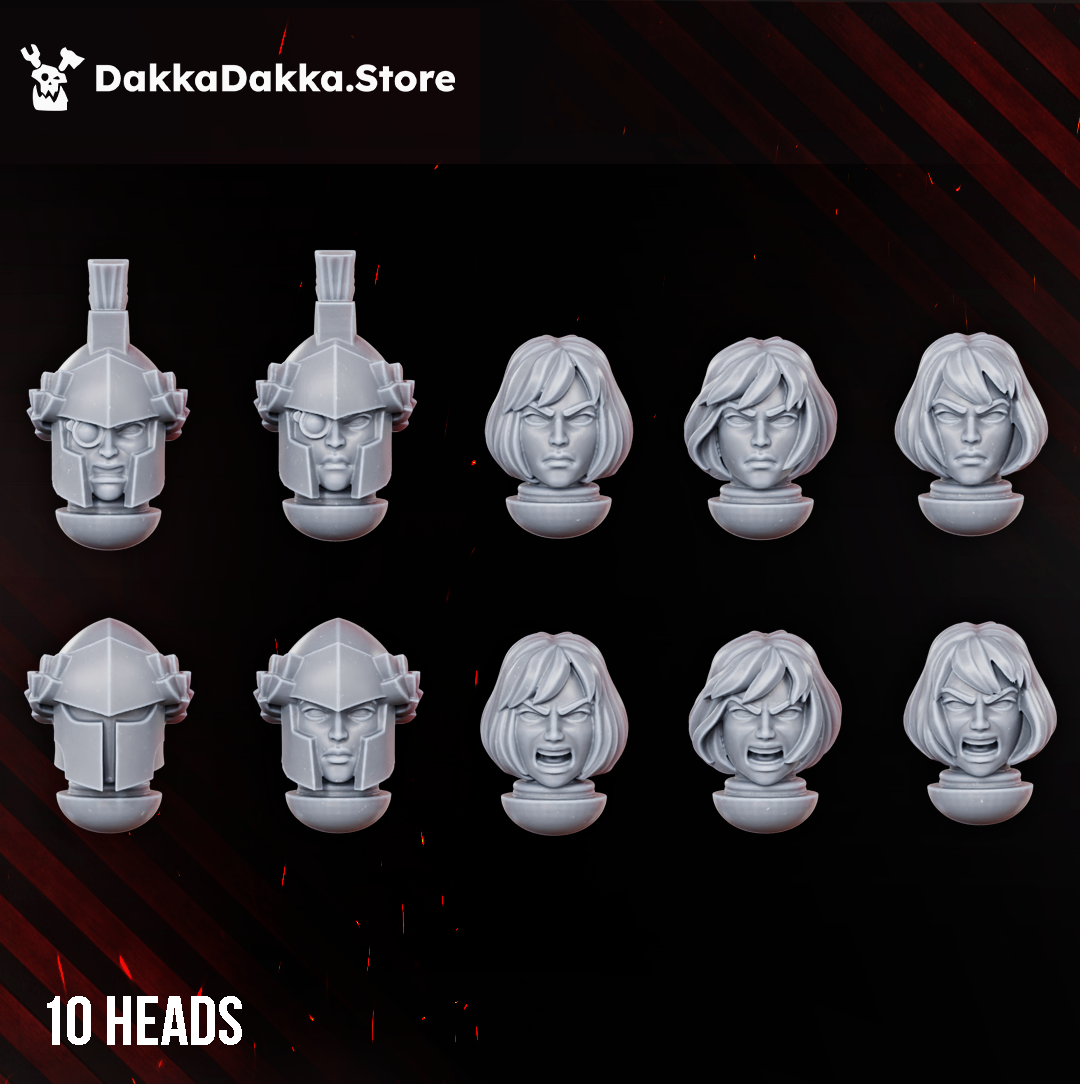 Legio Artemis Bellatrix Squad head options by DakkaDakka, showing 10 resin miniature heads with helmeted and unhelmeted female sci-fi warrior styles.