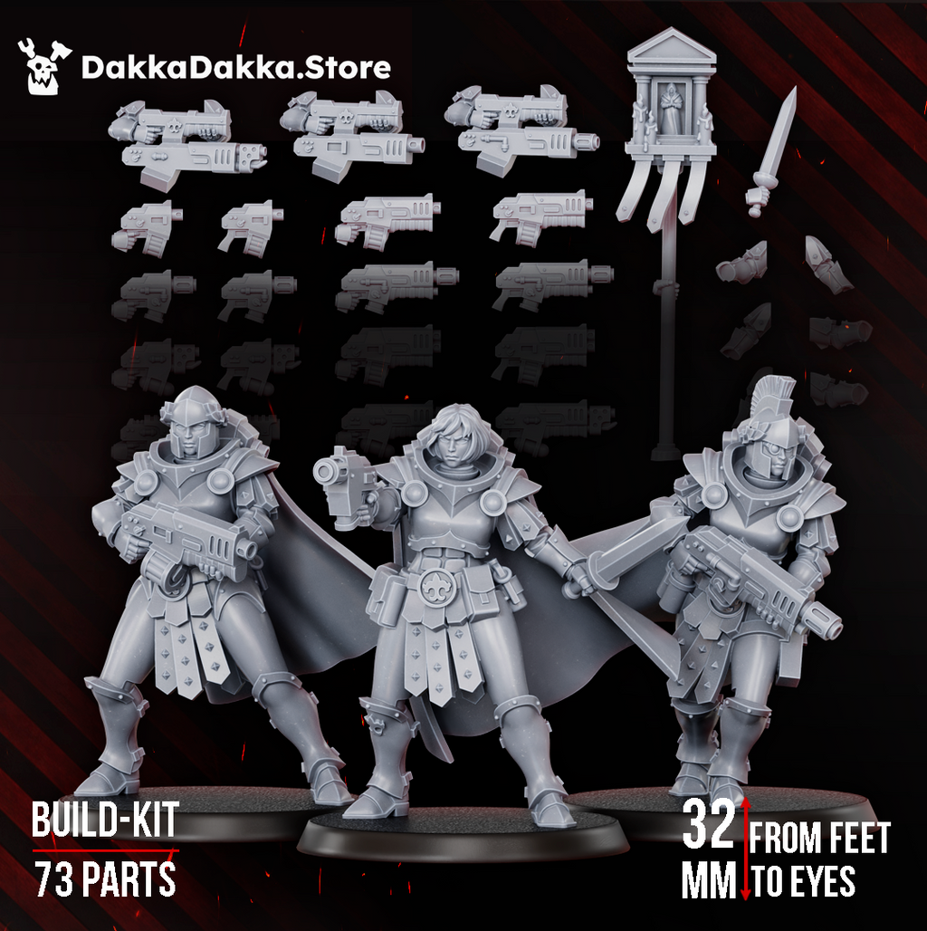 Legio Artemis Bellatrix Squad modular build kit by DakkaDakka, showing three sci-fi infantry miniatures with weapons, banner, and parts for a 73-piece resin build kit.
