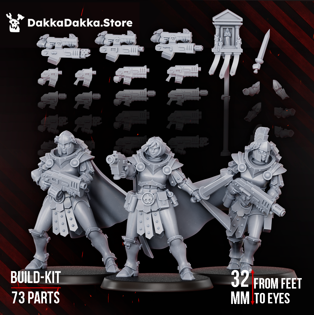 Legio Artemis Bellatrix Squad modular build kit by DakkaDakka, showing three sci-fi infantry miniatures with weapons, banner, and parts for a 73-piece resin build kit.