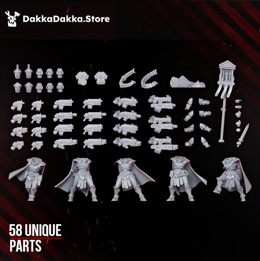 Legio Artemis Bellatrix Squad modular parts by DakkaDakka, showing resin heads, weapons, bodies, arms, cloaks, banner, and accessory pieces for custom sci-fi squad builds.