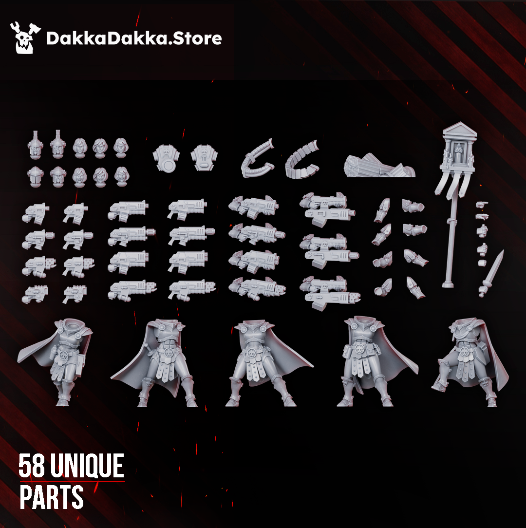 Legio Artemis Bellatrix Squad modular parts by DakkaDakka, showing resin heads, weapons, bodies, arms, cloaks, banner, and accessory pieces for custom sci-fi squad builds.